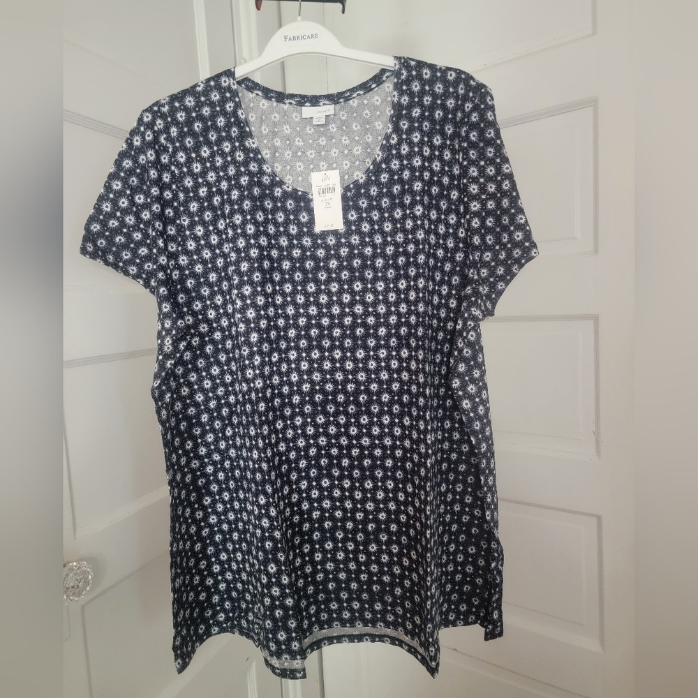 J.Jill Women's Printed Top Scoop-Neck Short Sleeves Black/Navy 100% Pima Cotton